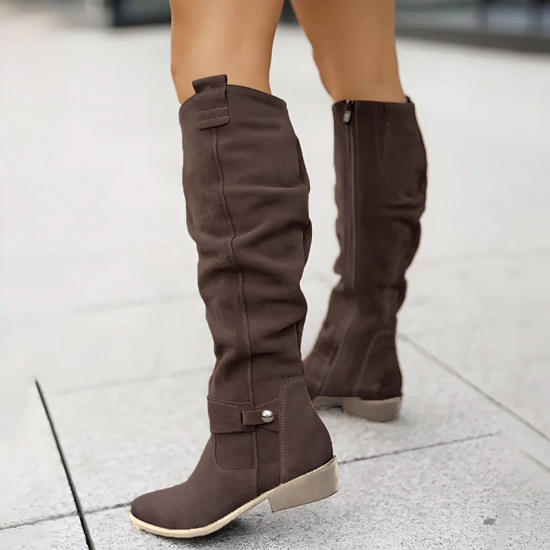 Women’s Knee High Boots with Low Block Heel and Relaxed Fit