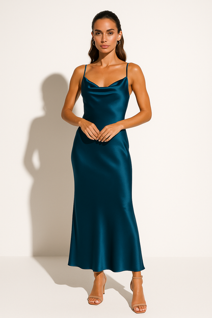 Elegant Draped Cowl Neck Midi Dress for Women