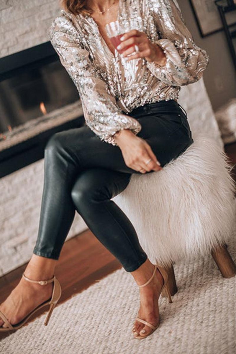 Women’s Elegant Sequin Blouse Long Sleeve Top
