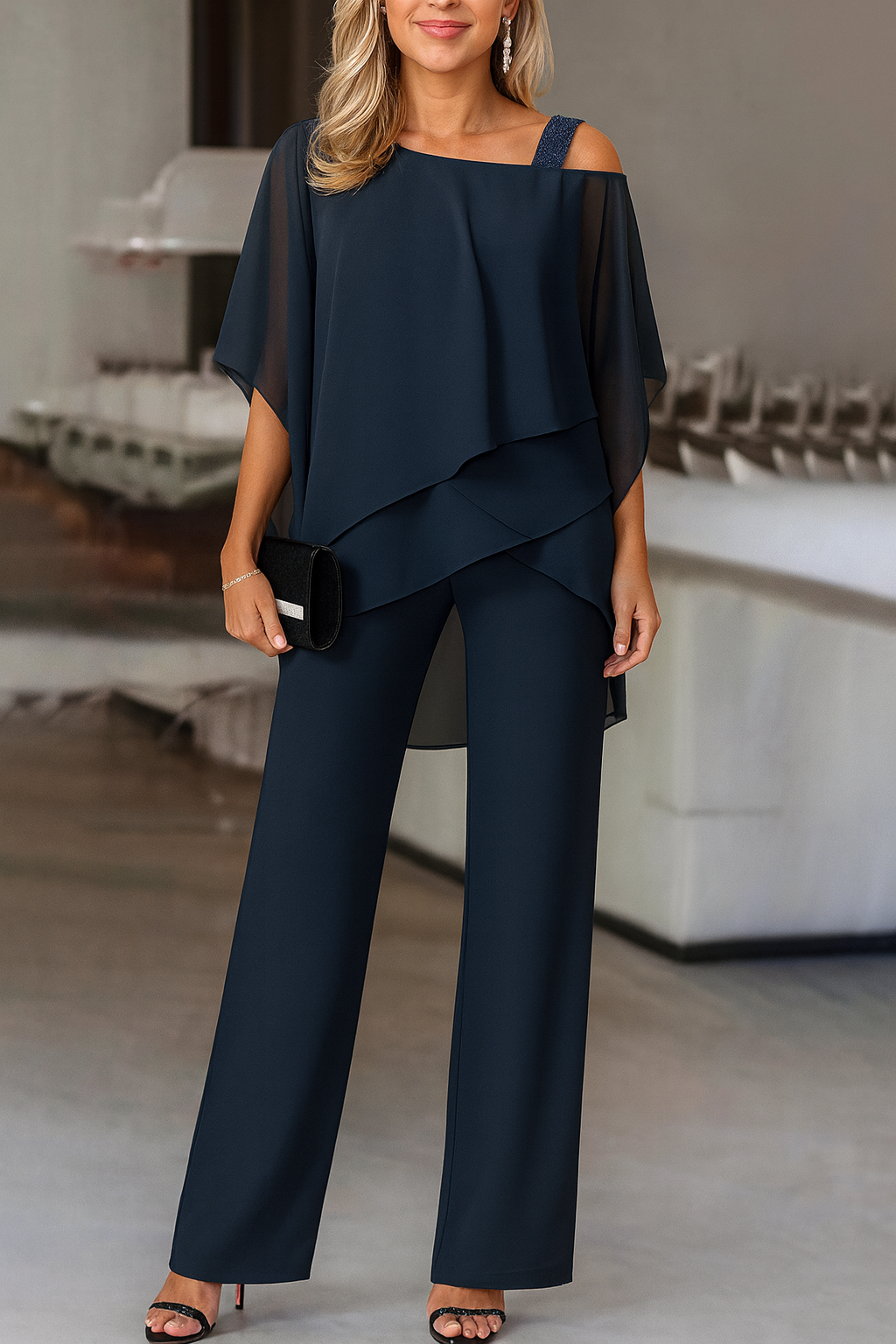 Women’s Elegant Cold-Shoulder Two-Piece Pants Set