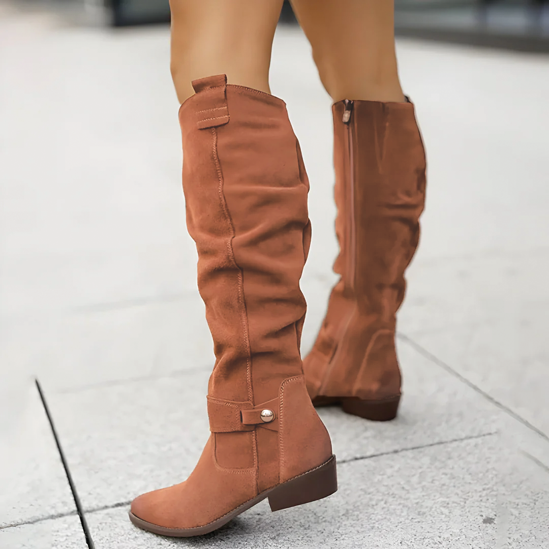 Women’s Knee High Boots with Low Block Heel and Relaxed Fit