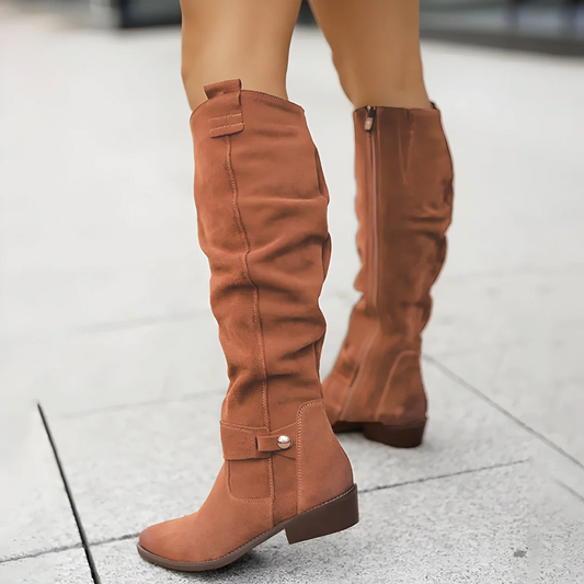 Women’s Knee High Boots with Low Block Heel and Relaxed Fit