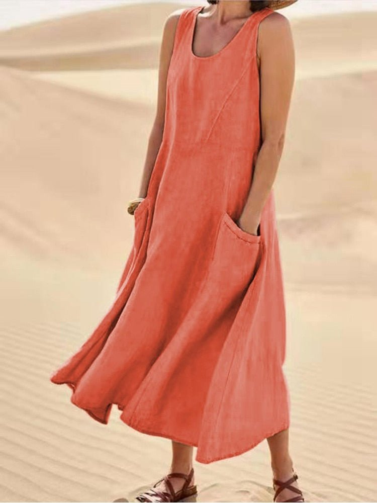Women's Casual Sleeveless Scoop Neck Midi Dress with Pockets