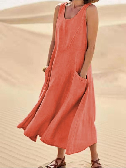 Women's Casual Sleeveless Scoop Neck Midi Dress with Pockets