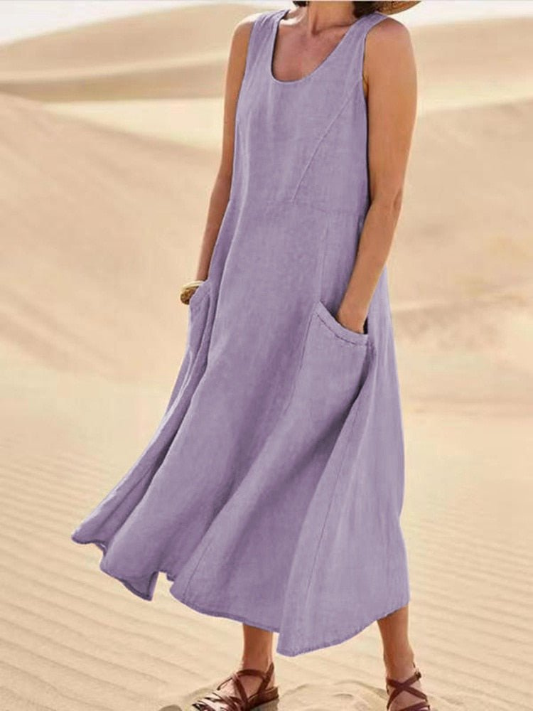 Women's Casual Sleeveless Scoop Neck Midi Dress with Pockets