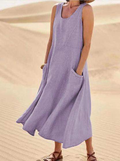 Women's Casual Sleeveless Scoop Neck Midi Dress with Pockets