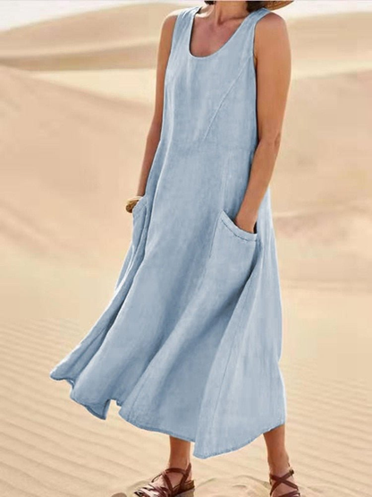 Women's Casual Sleeveless Scoop Neck Midi Dress with Pockets