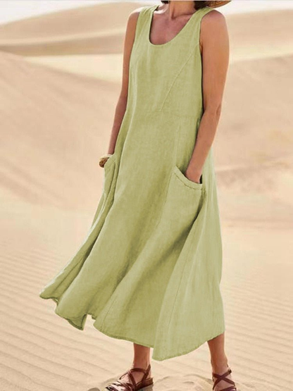Women's Casual Sleeveless Scoop Neck Midi Dress with Pockets