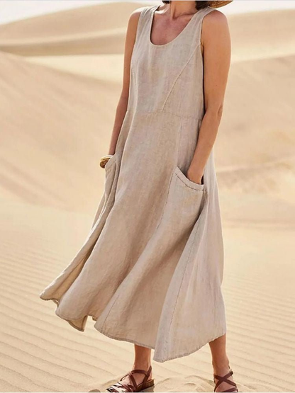 Women's Casual Sleeveless Scoop Neck Midi Dress with Pockets