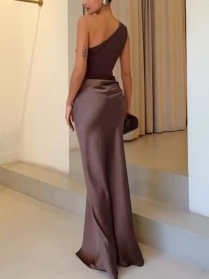 One Shoulder Pleated Maxi Dress for Women Formal Party