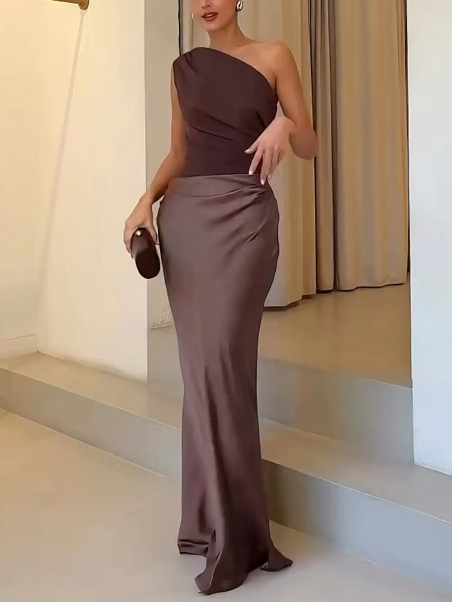 Elegant Pleated One-Shoulder Maxi Party Dress