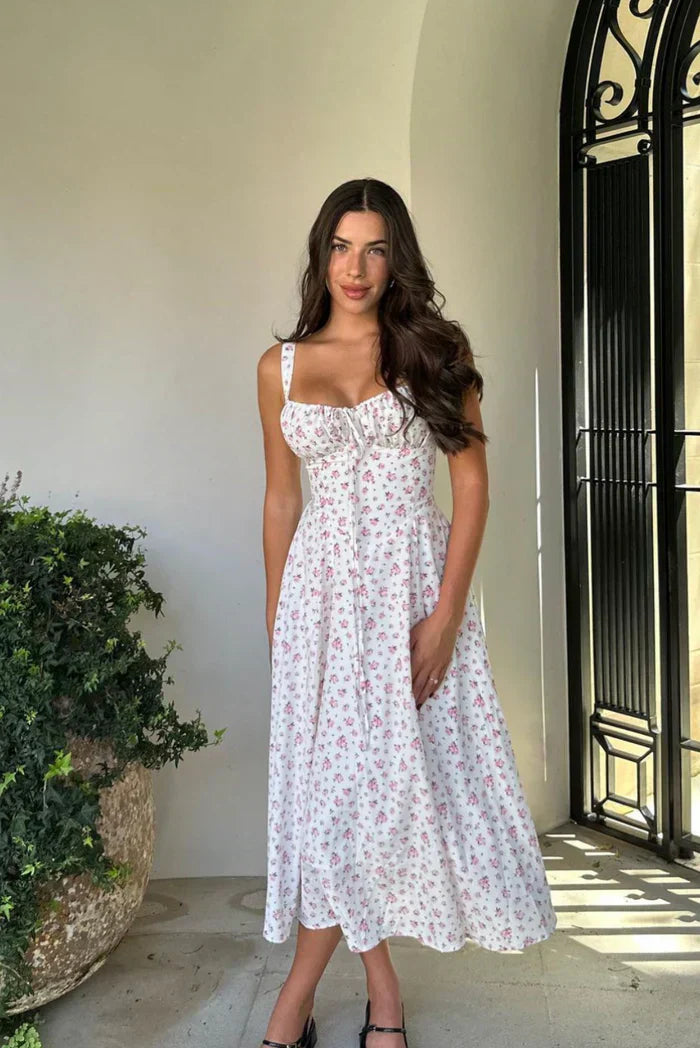 Women’s Floral Print Midi Dress with Sweetheart Neckline