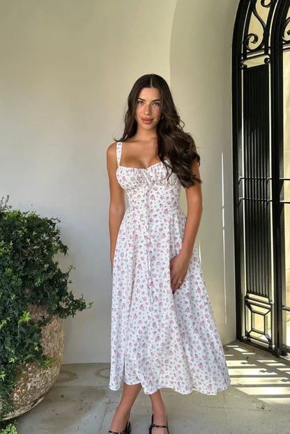 Women’s Floral Print Midi Dress with Sweetheart Neckline