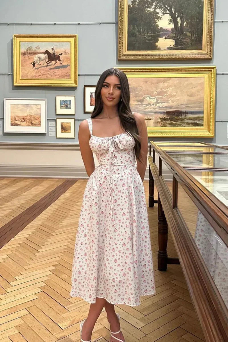 Women’s Floral Print Midi Dress with Sweetheart Neckline