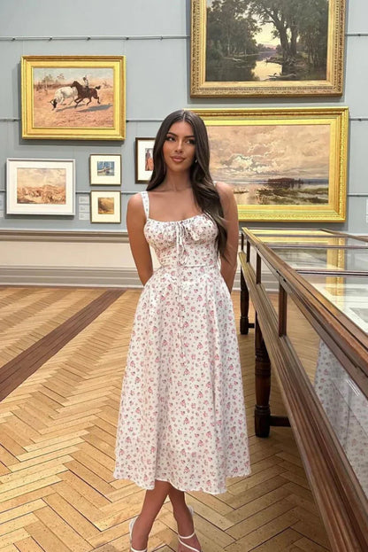 Women’s Floral Print Midi Dress with Sweetheart Neckline