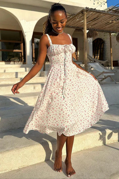 Women’s Floral Print Midi Dress with Sweetheart Neckline