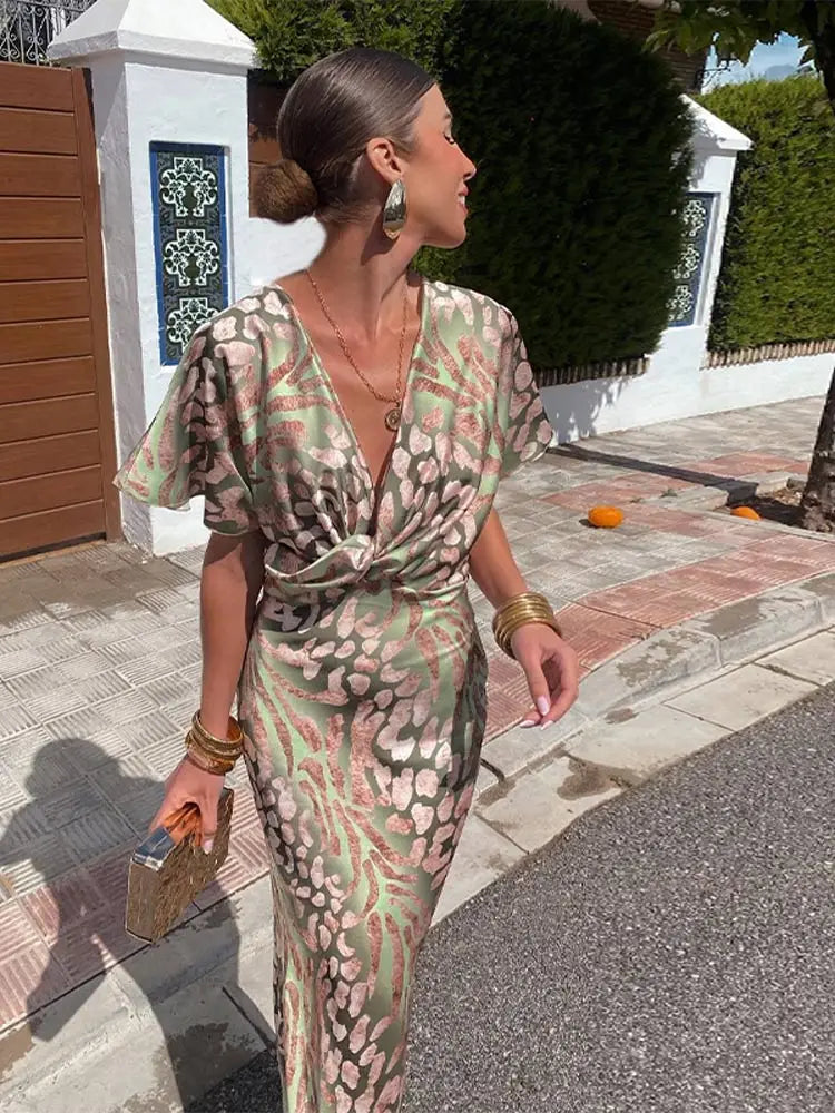 Women’s Printed Wrap Midi Dress with Relaxed Fit Design