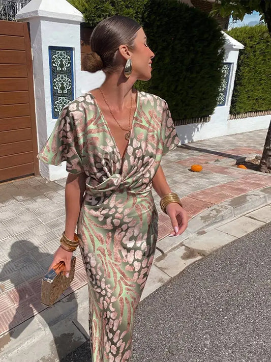 Women’s Printed Wrap Midi Dress with Relaxed Fit Design