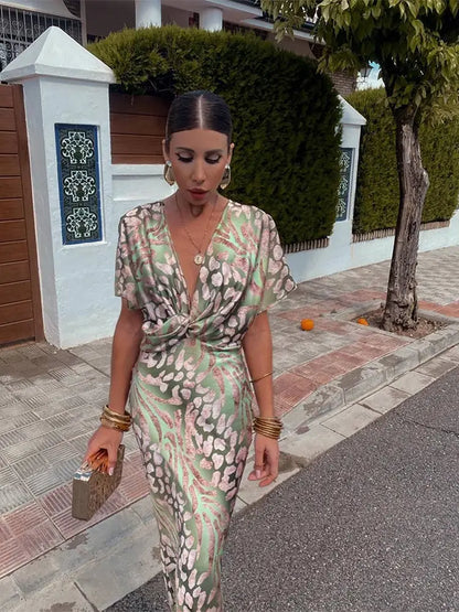 Women’s Printed Wrap Midi Dress with Relaxed Fit Design