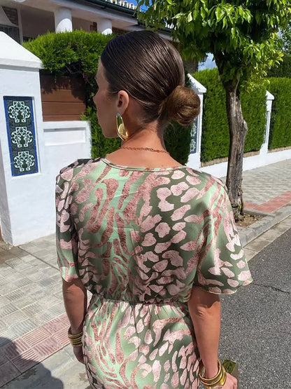 Women’s Printed Wrap Midi Dress with Relaxed Fit Design