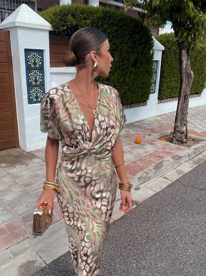 Women’s Printed Wrap Midi Dress with Relaxed Fit Design