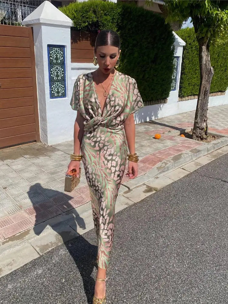 Women’s Printed Wrap Midi Dress with Relaxed Fit Design
