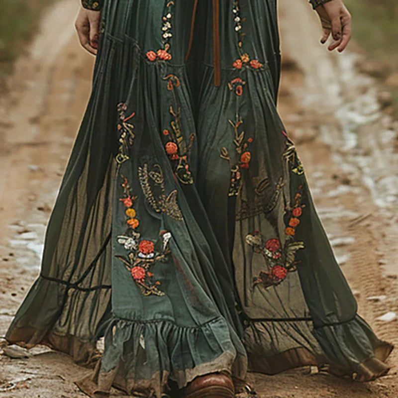 Women's Embroidered Long Sleeve Boho Maxi Dress