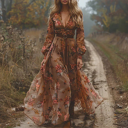 Women's Embroidered Long Sleeve Boho Maxi Dress