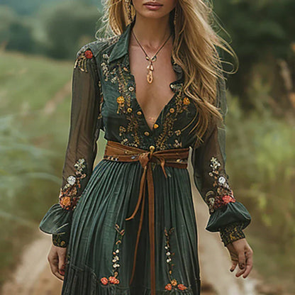 Women's All-Over Embroidered Boho Maxi Dress with Balloon Sleeves