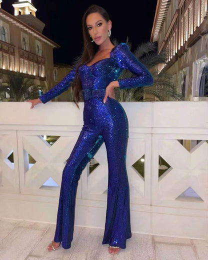 Women’s Glitter Long Sleeve Flared Leg Jumpsuit Party Outfit
