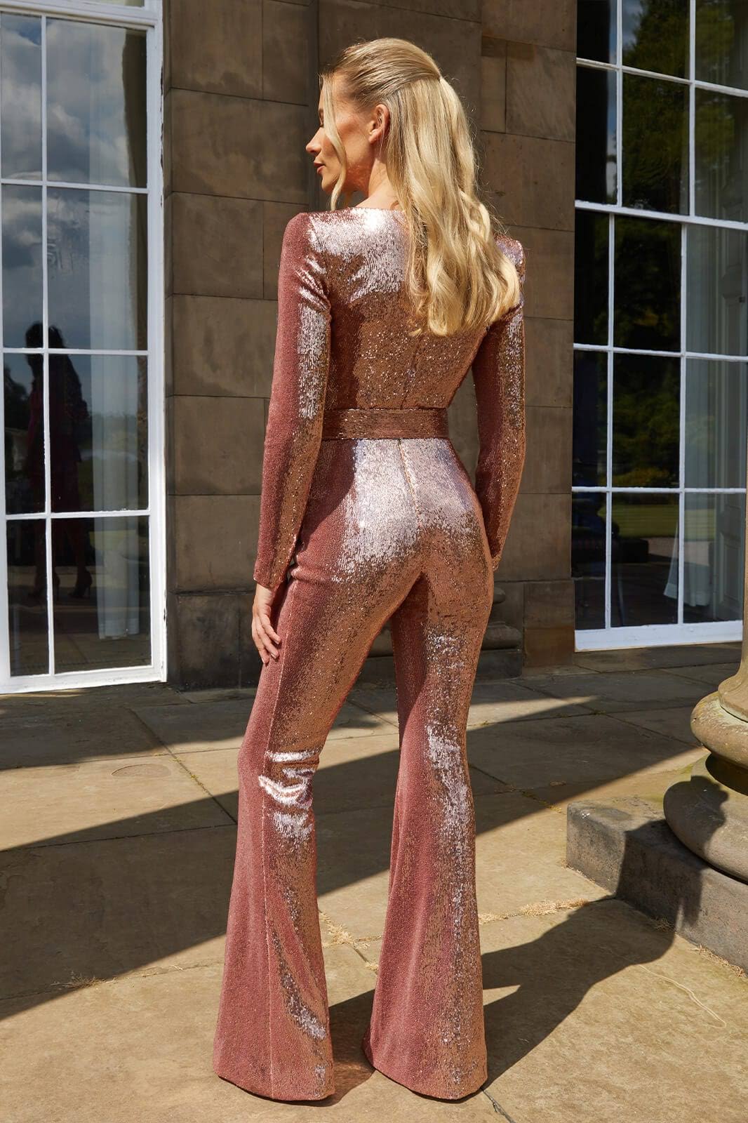 Women’s Glitter Long Sleeve Flared Leg Jumpsuit Party Outfit
