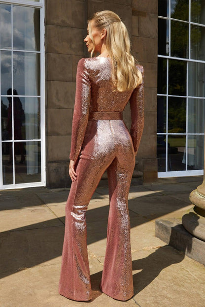 Women’s Glitter Long Sleeve Flared Leg Jumpsuit Party Outfit