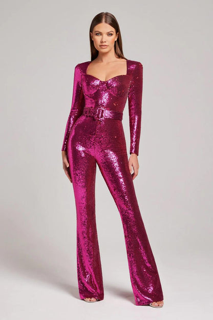 Women’s Glitter Long Sleeve Flared Leg Jumpsuit Party Outfit