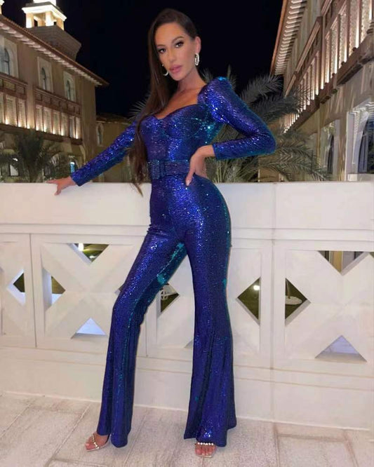 Women’s Glitter Long Sleeve Flared Leg Jumpsuit Party Outfit