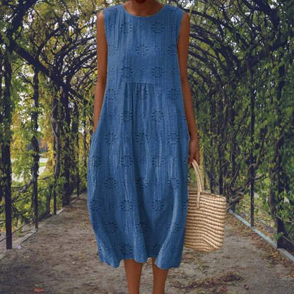 Women's Sleeveless Textured Midi Dress with Relaxed Bubble Hem