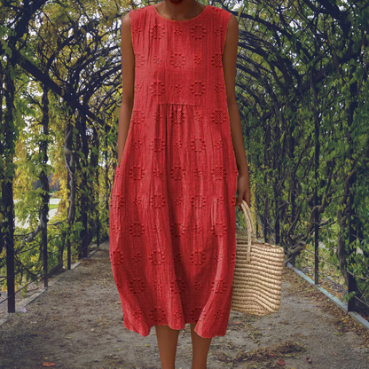Women's Sleeveless Textured Midi Dress with Relaxed Bubble Hem