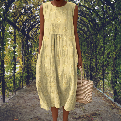 Women's Sleeveless Textured Midi Dress with Relaxed Bubble Hem