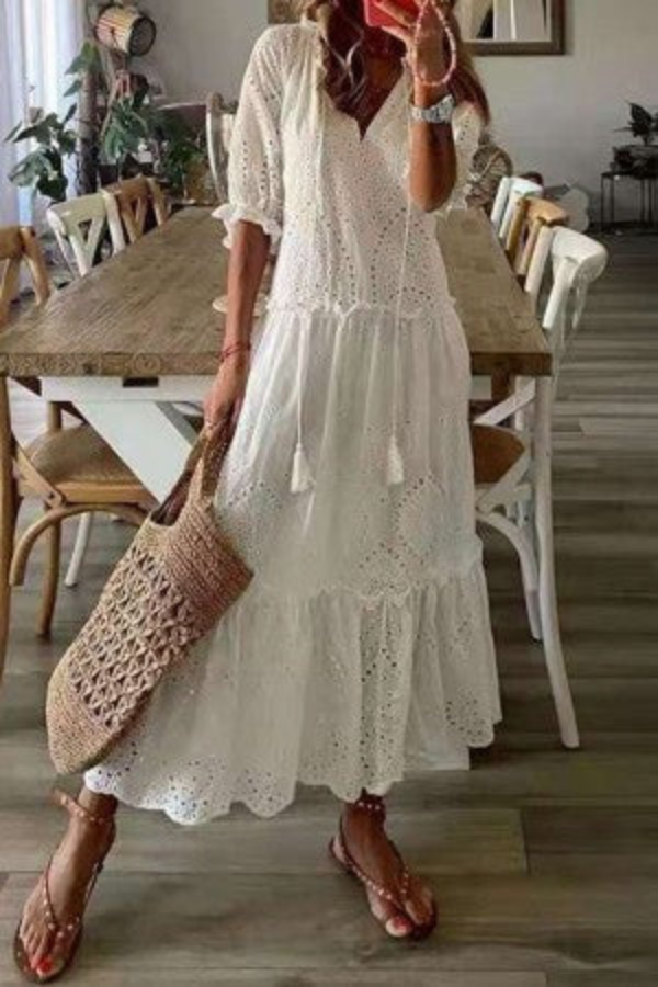 Women's Boho Floral Tassel V-Neck Maxi Dress