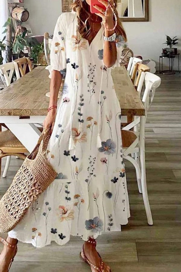 Women's Boho Floral Tassel V-Neck Maxi Dress