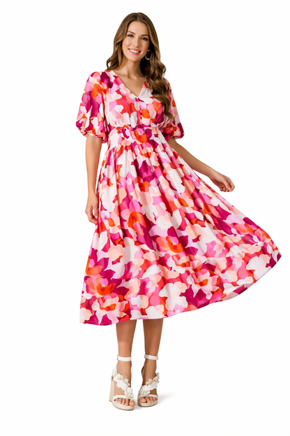 Women’s Floral V-Neck Maxi Dress with Flowing Long Sleeves
