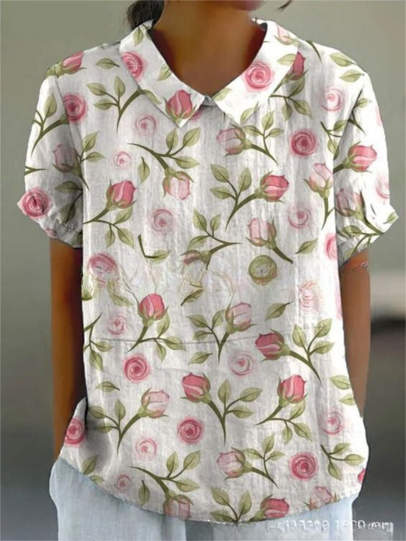 Floral Casual Short Sleeve Collared Blouse