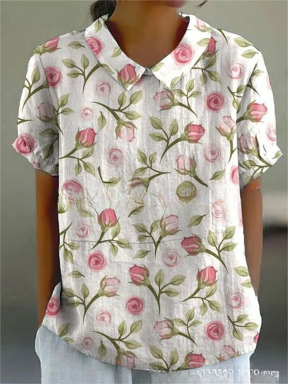 Floral Casual Short Sleeve Collared Blouse