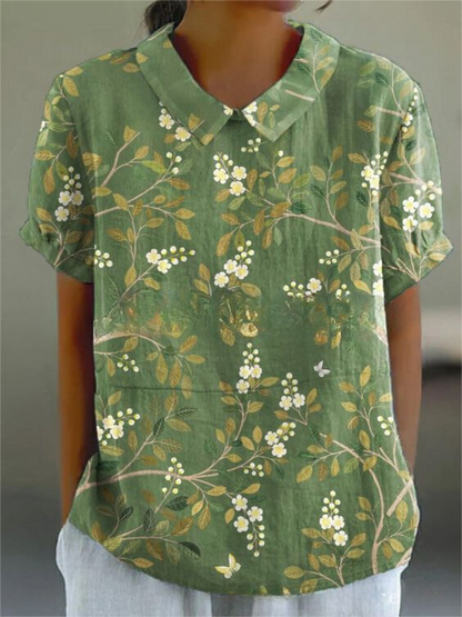 Floral Casual Short Sleeve Collared Blouse