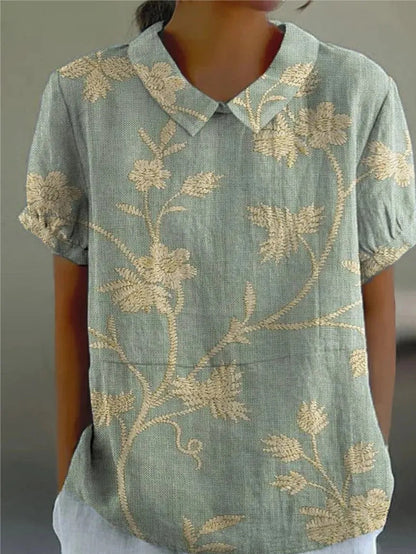 Floral Casual Short Sleeve Collared Blouse