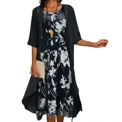 Floral 2-Piece Midi Dress Set Sheer Overlay Cardigan Style
