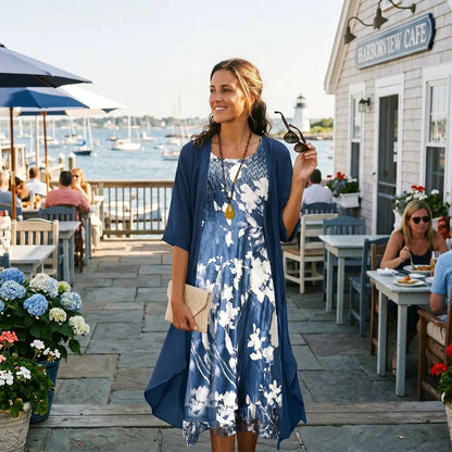 Floral 2-Piece Midi Dress Set Sheer Overlay Cardigan Style