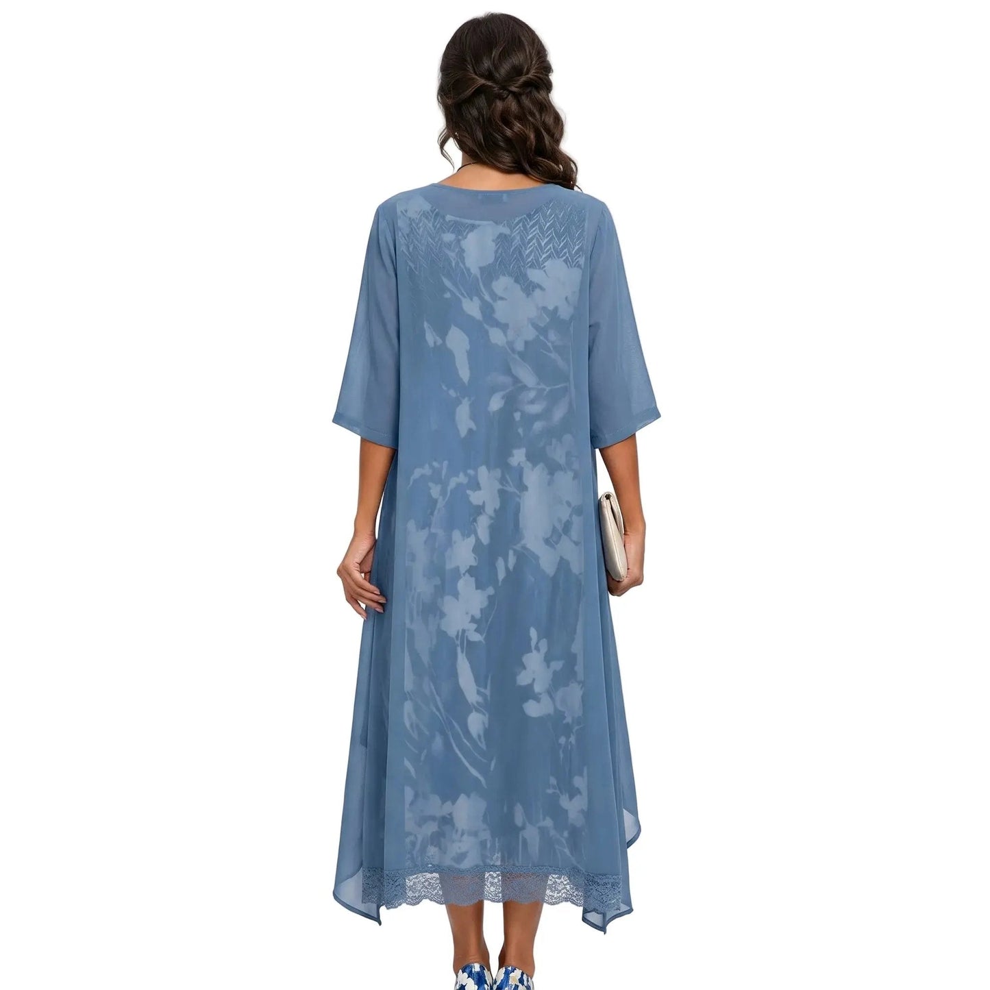 Floral 2-Piece Midi Dress Set Sheer Overlay Cardigan Style