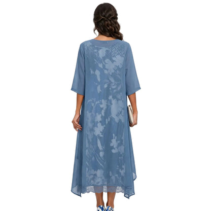 Floral 2-Piece Midi Dress Set Sheer Overlay Cardigan Style