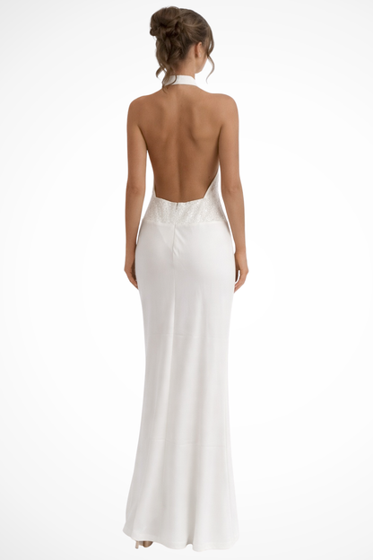 Women’s Sophisticated Open-Back Halter Evening Gown with Sleek Maxi Silhouette