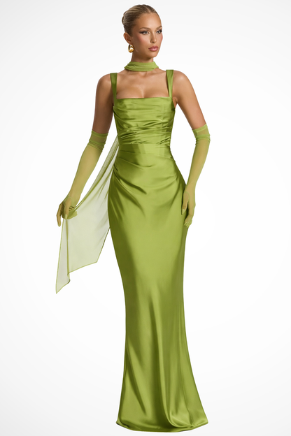 Elegant Women’s Square Neck Ruched Satin Maxi Wedding Guest Dress
